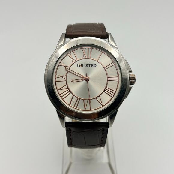UNLISTED UL1295 Silver Tone Brown Leather 42mm Men’s Watch Working - Picture 1 of 8